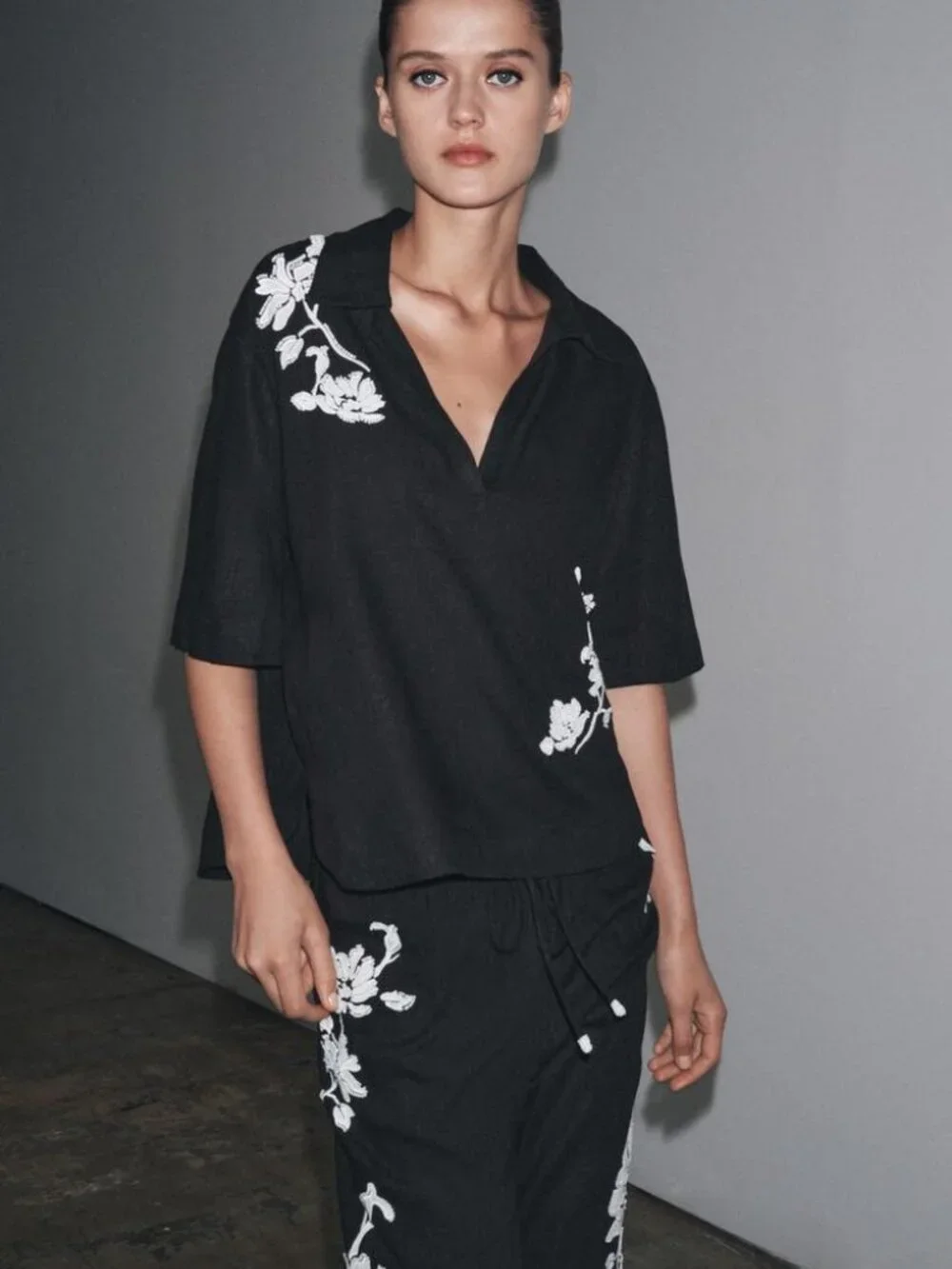 ZARA ZW Collection Embroidered Linen Blend Co Ord Set Shirt Pants Black L NWT